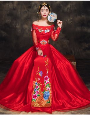 時尚家佳樂文學新娘禮服，一字肩中式結婚禮服