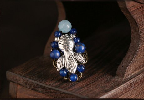 古風(fēng)開(kāi)口戒指首飾：一尾游魚繞留指尖