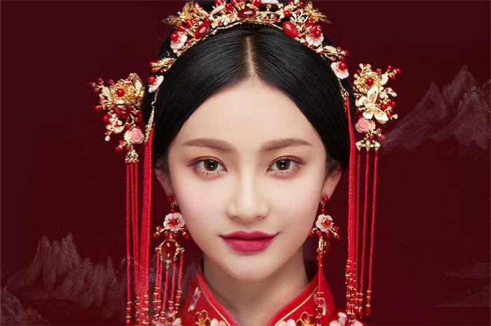 金底紅古風(fēng)頭飾，復(fù)古貝殼花流蘇發(fā)簪