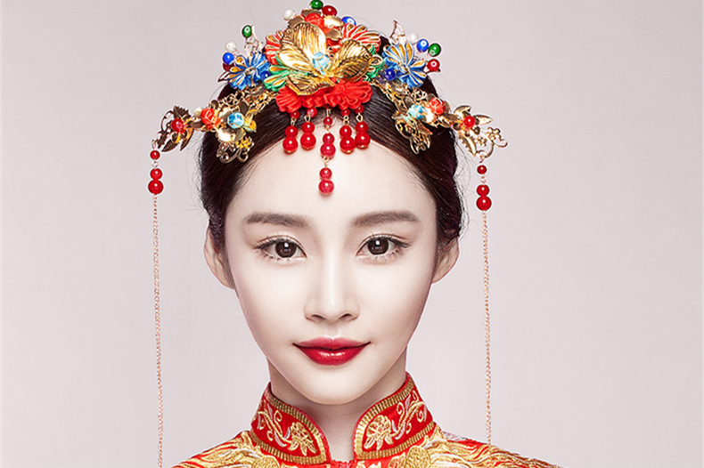 五彩金片花朵紅珠頭飾，新娘精美發(fā)飾