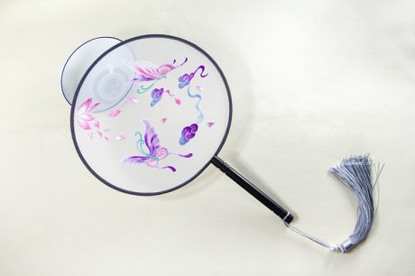 淡雅蝶舞刺繡團(tuán)扇，淡紫復(fù)古繡花工藝扇子