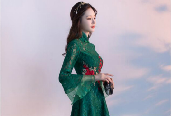 家佳樂文學盤扣蘇繡印花中式禮服