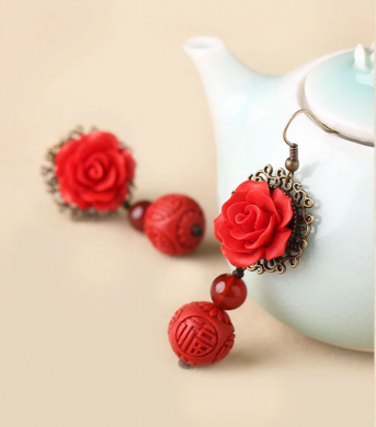 家佳樂文學(xué)紅色耳墜新娘配飾漆雕耳環(huán)
