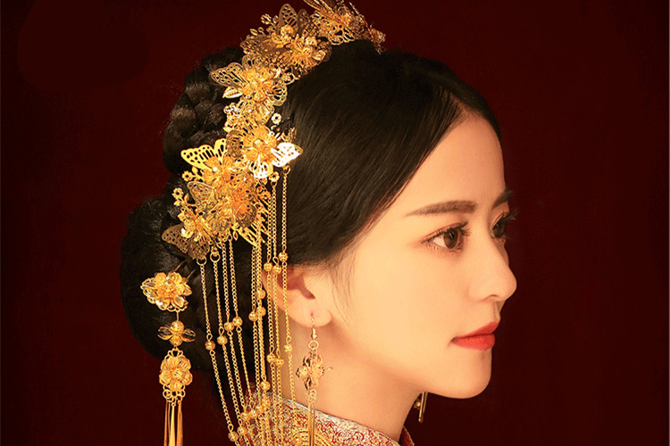 女子金色流蘇古風(fēng)頭飾，鳳冠配飾品