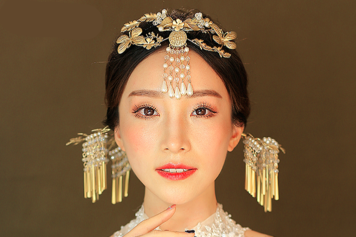 金色復(fù)古宮廷頭飾，古典蝴蝶流蘇額飾