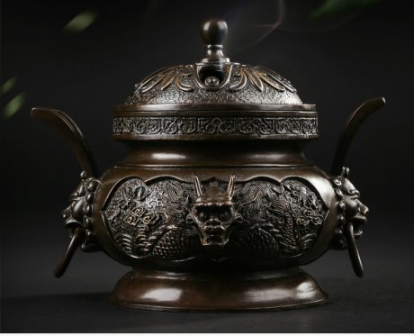 祥獅雕刻香爐，仿古神龍銅香爐