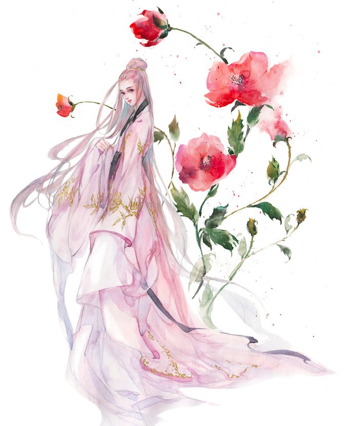 水彩古風(fēng)女子圖集，夢(mèng)幻粉色少女古風(fēng)圖片