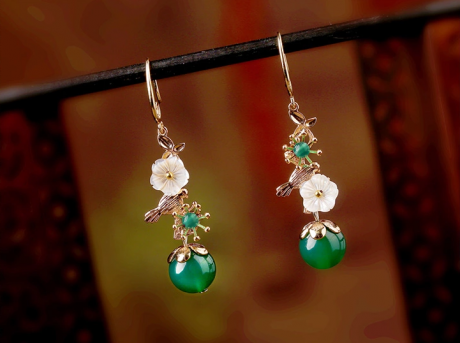 家佳樂文學(xué)金屬小鳥吊墜復(fù)古綠瑪瑙貝殼花耳環(huán)