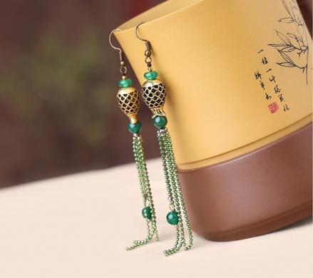 家佳樂文學(xué)人魚的眼淚首飾綠色流蘇耳環(huán)