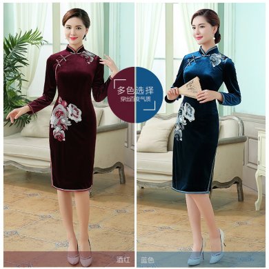 花朵絨面旗袍，時(shí)尚長(zhǎng)袖旗袍裙。