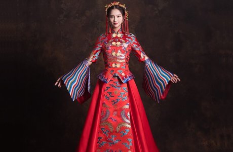 創(chuàng)意袖口新娘結(jié)婚禮服，奢華拖尾中式禮服